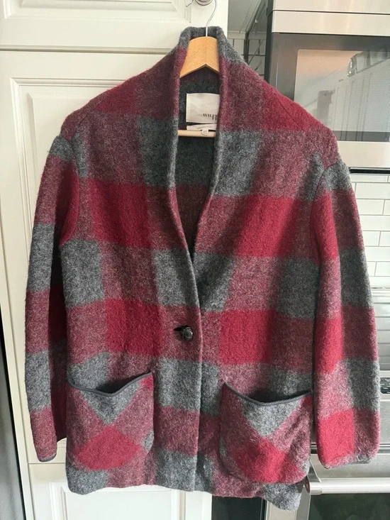 Aritzia Wilfred Free Off Duty Jacket | Wool | Burgundy grey plaid sz xxs - Picture 2 of 6